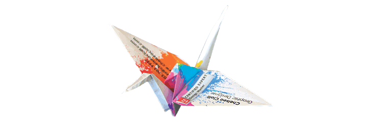 origami crane with Chelsea Ciolli logo and contact information