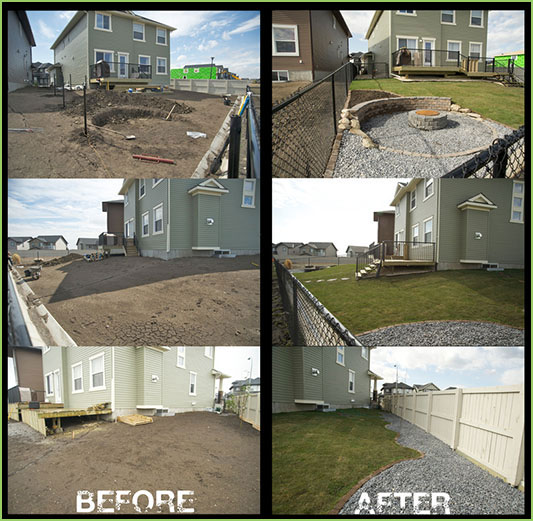 before and after image of a new home getting a beautiful yard